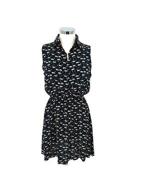 Favolook Cat Print Sleeveless Collared Shirt Dress Black Size Medium Mod Preppy